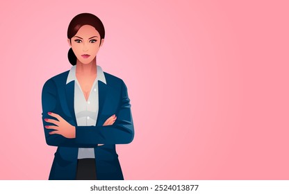 Beautiful businesswoman in stylish formal suit confidently folding her hands against a soft pink background for copyspace. Ideal for business promotions, leadership, or branding materials