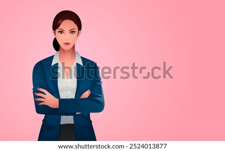 Beautiful businesswoman in stylish formal suit confidently folding her hands against a soft pink background for copyspace. Ideal for business promotions, leadership, or branding materials