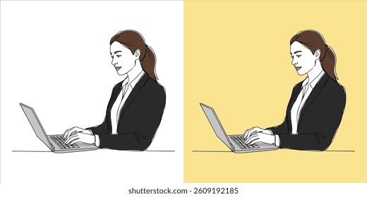 Beautiful Businesswoman typing on laptop continuous single line art drawing sketch on white background