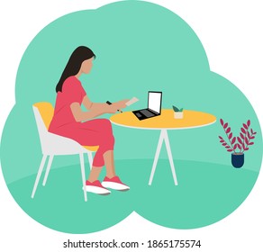 Beautiful businesswoman using laptop while sitting at her desk. Office workplace interior. Flat vector illustration.