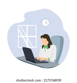 Beautiful businesswoman using laptop while sitting at her desk. Office workplace interior. Flat vector illustration.