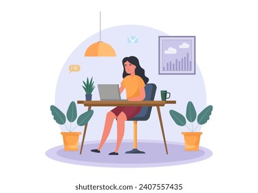 Beautiful businesswoman using laptop while sitting at her desk. Office workplace interior. Flat vector illustration.