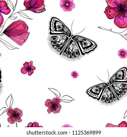 Beautiful butterflies and abstract pink flower sketches, seamless vector background, vector illustration