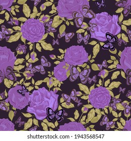 Beautiful butterflies and bouquets of roses. Floral Seamless pattern. Pastel colors. Isolated background.