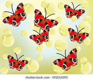 Beautiful butterflies with bubbles floating  at the background