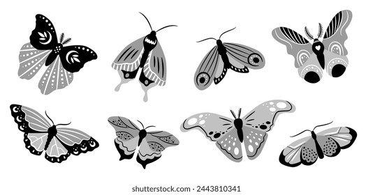 Beautiful butterflies of different shapes on white background. Vector black and white set of illustrations for the design of packaging, cards, patterns.