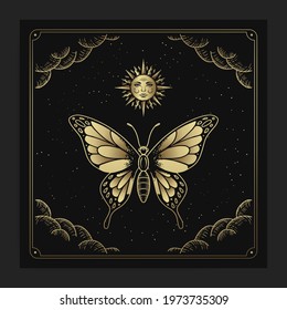 Beautiful butterflies with engraving, hand drawn, luxury, celestial, esoteric, boho style, fit for spiritualist, religious, paranormal, tarot reader, astrologer or tattoo vector