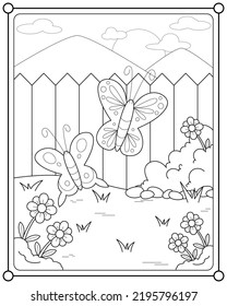 Hermosas mariposas y flores en el jardín aptas para la ilustración vectorial de la página de color infantil