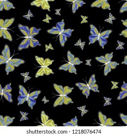 Beautiful butterflies flying in the floral jungle design for book pages. Fantasy nice illustration. Vector illustration. Seamless colorfil pattern. Pictures in yellow, blue and black colors.