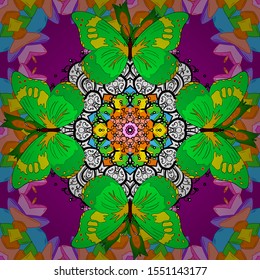 Beautiful butterflies flying in the floral jungle design for book pages. Fantasy nice illustration. Seamless colorfil pattern. Pictures in green, purple and orange colors. Vector illustration.