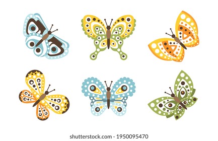 Beautiful Butterflies Flying Insects, Decoration Design Element Flat Vector Illustration Isolated on White Background.