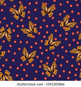 Beautiful butterflies on red polka dots seamless pattern in vector EPS10 ,Design for fashion,fabric,web,wallpaper and all prints on dark navy blue background.