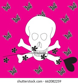 beautiful butterflies with pink background flowers and heart and skull vector illustration