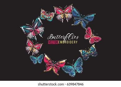 Beautiful butterflies round frame border, t-shirt composition. Embroidery and rhinestones fashion crystal patch design with insects illustration. Isolated on black background.