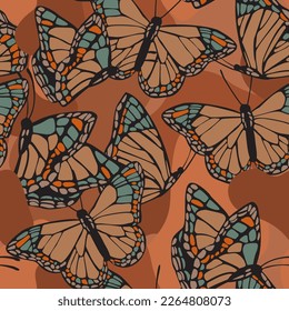Beautiful butterflies seamless pattern. Flying insects on geometric background. Butterfly silhouettes on wavy fluid shapes. Hand drawn modern vector illustration for textile, fabric, wallpaper