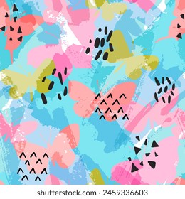 Beautiful butterflies seamless pattern. Flying insects on geometric grunge background. Butterfly silhouettes on texture shapes. Hand drawn modern vector illustration for textile, fabric, wallpaper