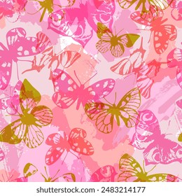 Beautiful butterflies seamless pattern. Flying insects on geometric grunge background. Butterfly silhouettes on texture shapes. Hand drawn modern vector illustration for textile, fabric, wallpaper