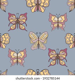 Beautiful butterflies. Seamless pattern. Pastel colors. Collection of isolated flat cartoon vector illustrations.