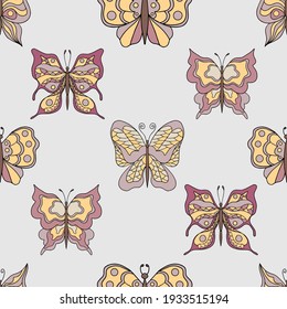 Beautiful butterflies. Seamless pattern. Pastel colors. Collection of isolated flat cartoon vector illustrations.