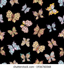 Beautiful butterflies. Seamless pattern. Pastel colors. Collection of isolated flat cartoon vector illustrations.