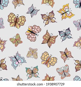 Beautiful butterflies. Seamless pattern. Pastel colors. Collection of isolated flat cartoon vector illustrations.