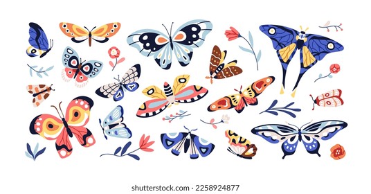 Beautiful butterflies set. Exotic moths, charming flying winged insects. Pretty tropical fauna, flowers, spring and summer nature bundle. Colored flat vector illustrations isolated on white background