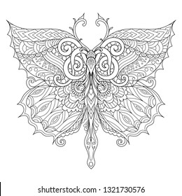 Beautiful butterfly for adult coloring book, coloring page, print on t shirt or other products. Vector illustration