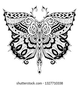 Beautiful butterfly for adult coloring book, coloring page, print on t shirt or other products. Vector illustration