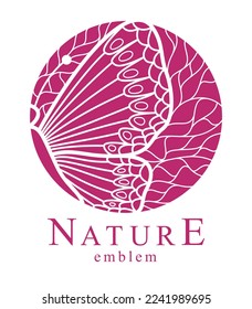 Beautiful butterfly among leaves round floral vintage linear logo design template for perfume or fashion or salon logo isolated on white, elegant linear graphic design of nature beauty.