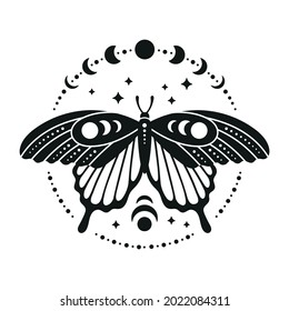 Beautiful butterfly with circle of moon phases. Mystical lunar sign. Print for T-shirt. Isolated black and white vector illustration