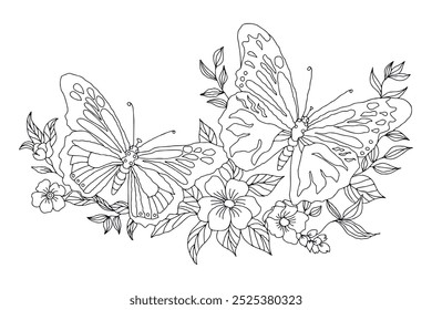 Beautiful butterfly coloring page with flowers and leaves. Concept of an adult or children's coloring book, wild nature, decorative art, and relaxation therapy. Isolated on a white background