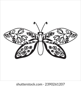 Beautiful butterfly. Decorative stylized insect drawn by hand in black. wings Beetle. Vector illustration on a white background.