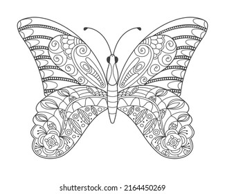 Beautiful butterfly in doodle style. The hand drawn illustration can be used for children's or adult coloring books and for tattoos. Isolated image in zentangle style, on a white background.