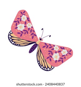 beautiful butterfly Dragonfly insect. Decorative stylized insect with a botanical pattern on the wings. Beetle wings. Vector illustration on a white background.