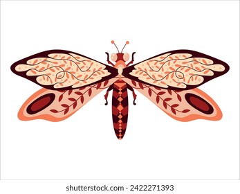 beautiful butterfly Dragonfly insect. Decorative stylized insect with a botanical pattern on the wings. Beetle wings. Vector illustration on a white background.
