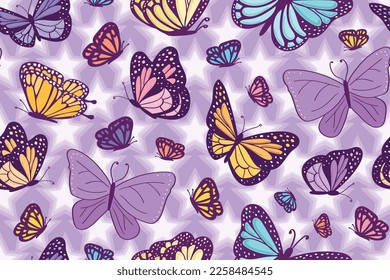 Beautiful butterfly drawing. Seamless pattern, repeated texture background. Vector illustration design for prints.