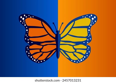 Hermoso dibujo de mariposa con dos colores vivos diferentes aislados en fondos azules y naranjas - Ilustración vectorial