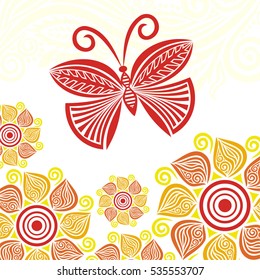 Beautiful butterfly and floral background. Vector illustration.