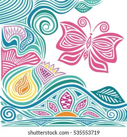 Beautiful butterfly and floral background. Vector illustration.
