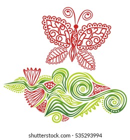 Beautiful butterfly and floral decorative element. Vector illustration.