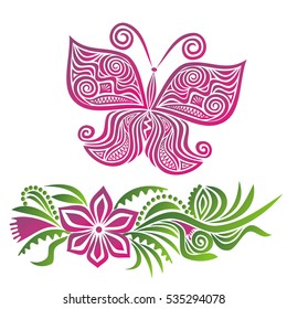 Beautiful butterfly and floral decorative element. Vector illustration.