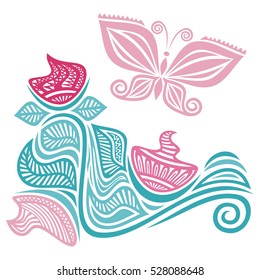 Beautiful butterfly and floral frame. Vector illustration.