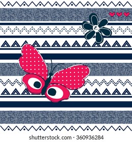 beautiful butterfly with flower on tribal pattern vector illustration