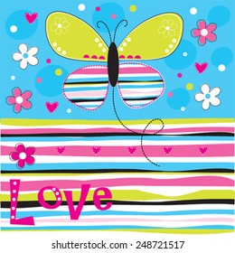 beautiful butterfly with flowers love card striped background vector illustration