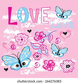 beautiful butterfly with flowers, T-shirt design,  love card vector illustration