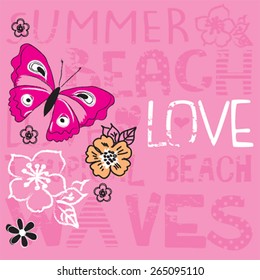 beautiful butterfly with flowers, T-shirt design vector illustration
