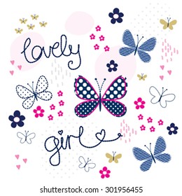 beautiful butterfly with flowers, T-shirt design vector illustration