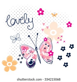 beautiful butterfly with flowers, T-shirt design vector illustration