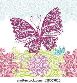 Beautiful butterfly and flowers. Vector illustration.