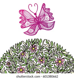 Beautiful butterfly and flowers. Vector illustration.